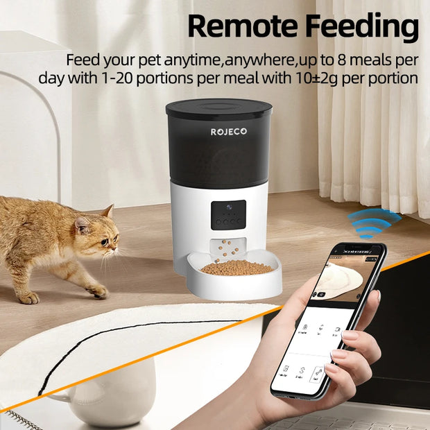 ROJECO Automatic Cat Feeder With Camera Video Cat Food Dispense